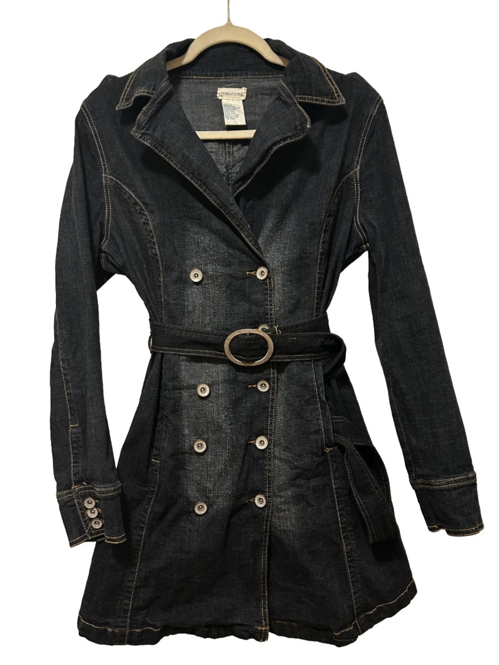 Vintage Maurices Y2K Denim Trench Coat Jacket Double Breasted Dark Wash L